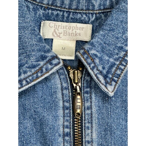 Christopher & Banks Denim Jacket Womens Medium Embroidered Floral Accents Zip - Picture 8 of 16